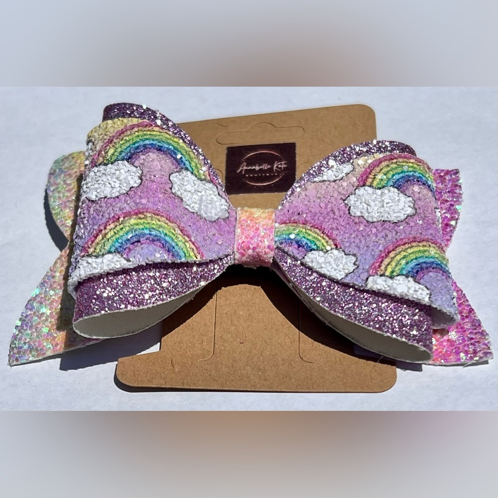 Boutique Custom Made Faux Leather Rainbow Print with Pink Glitter Hair Bow - Picture 3 of 6